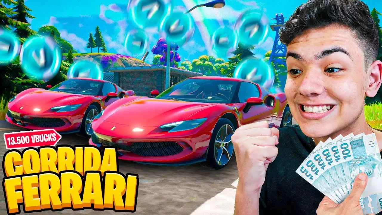 APOSTEI 13 MIL VBUCKS em CORRIDA com a FERRARI contra  SENHOR LEONCIO no FORTNITE